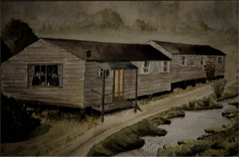 The hut as it was in the 1950s, painted by Nona Stead